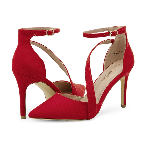 Pointed Toe Ankle Strap High Heel Pump Shoes - RED SUEDE - 3